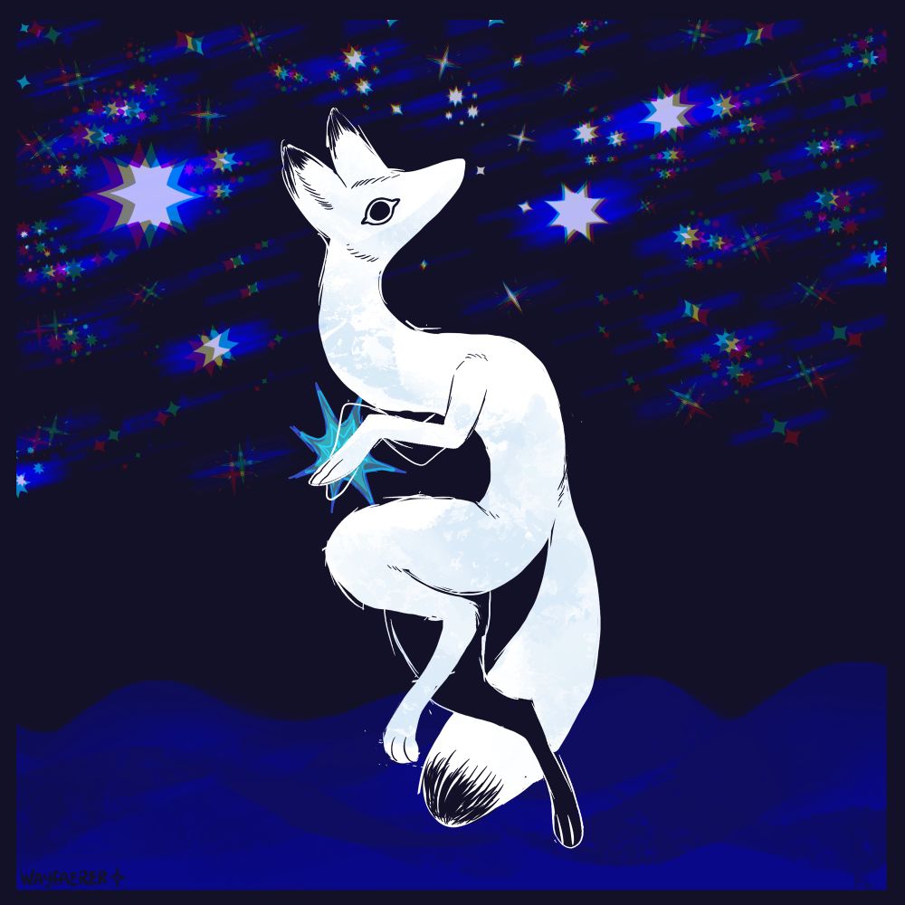 A whispy white fox entity under a dark night sky, a blue star is in its paws. It warily looks over its shoulder