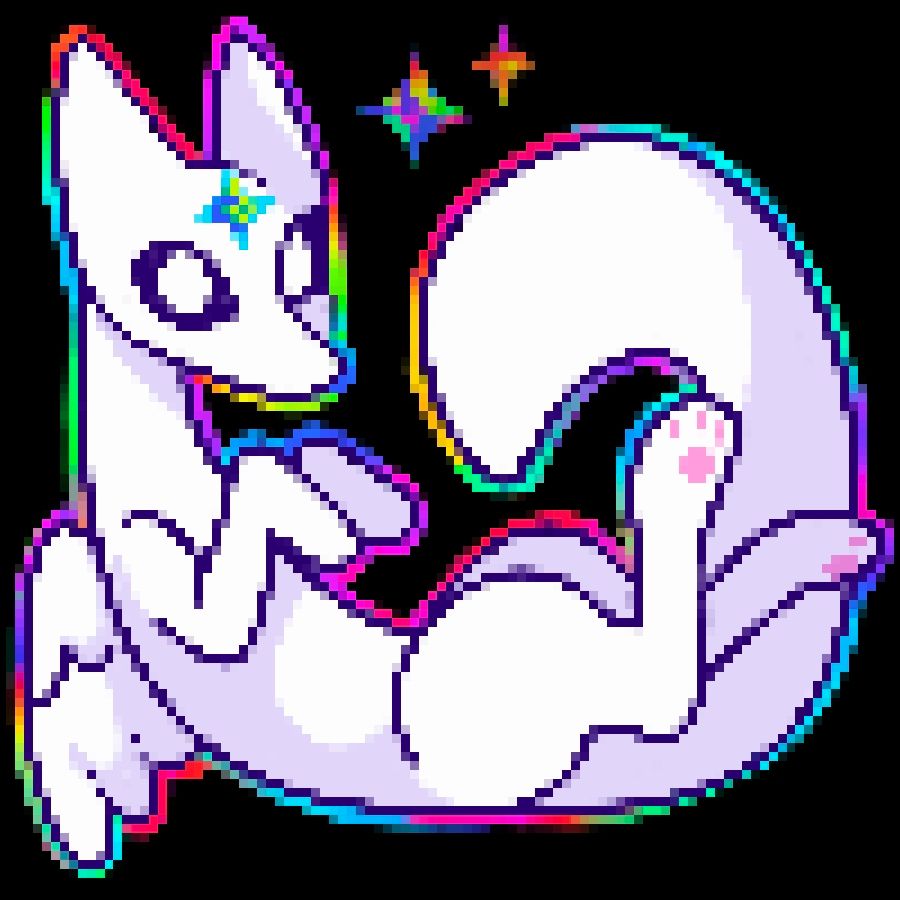 A pixel art drawing of a white fox-shaped creature with a rainbow aura.