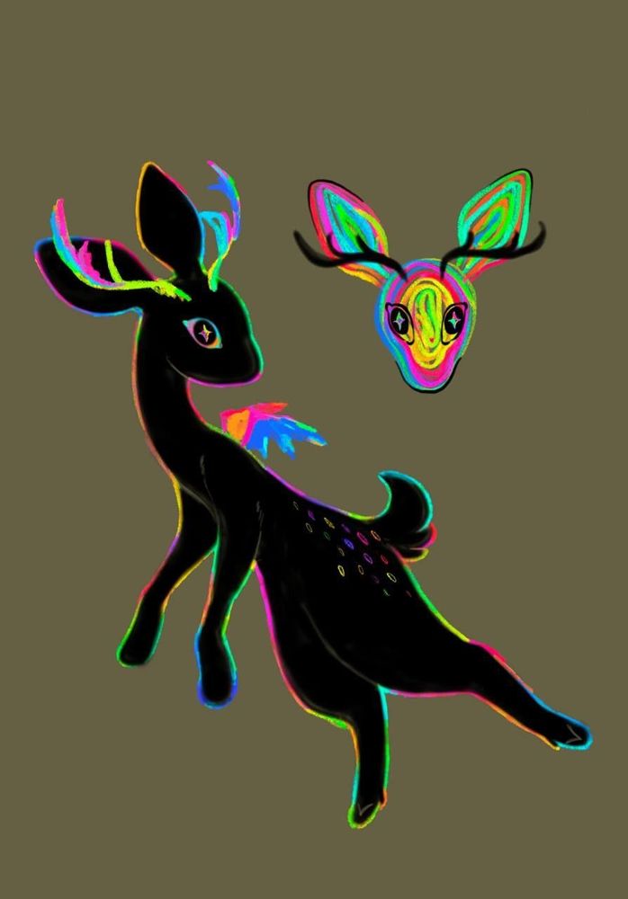 A black silhouette of a deer with rainbow antlers, wings, and aura. An alternative design features a rainbow deer head with black antlers