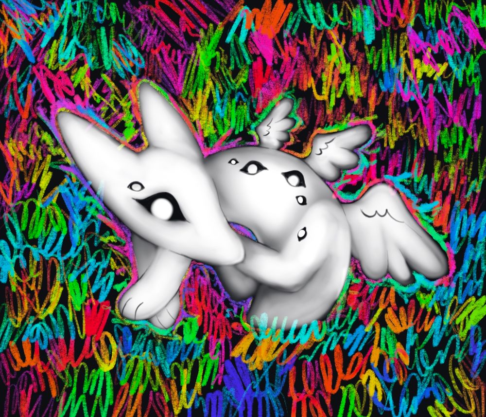 A white entity with multiple eyes and wings with paws crossed in contemplation, staring side eyed. A squiggly rainbow static surrounds it.