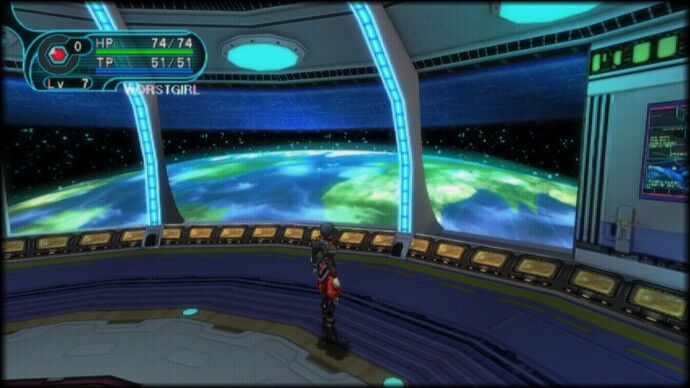a screen shot from phantasy star online, of a character standing in the middle of a space station with huge open windows, looking out over a gorgeous verdant world. everything is bright and clean and well lit, there's a feeling of ease and possibility that comes over you, looking at this 