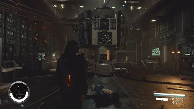 a grimy scene from starfield, deep in the bowels of some dim computer core. everything is dirty, there's a body on the floor, it feels like a place where at the best of days you're just clocking in begrudgingly 