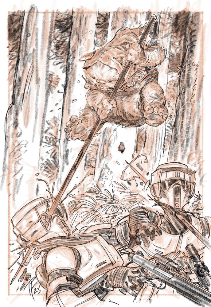 Drawing of an ewok dropping from a tree and impaling a scout trooper through the eye. Another space nazi is getting it through the neck just behind.