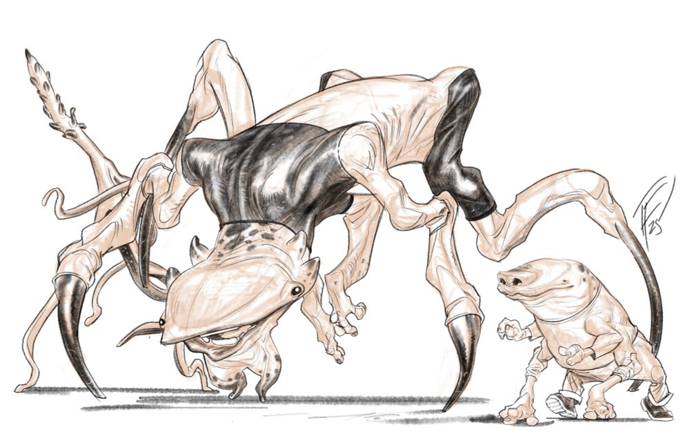 A drawing of some affable space monsters.