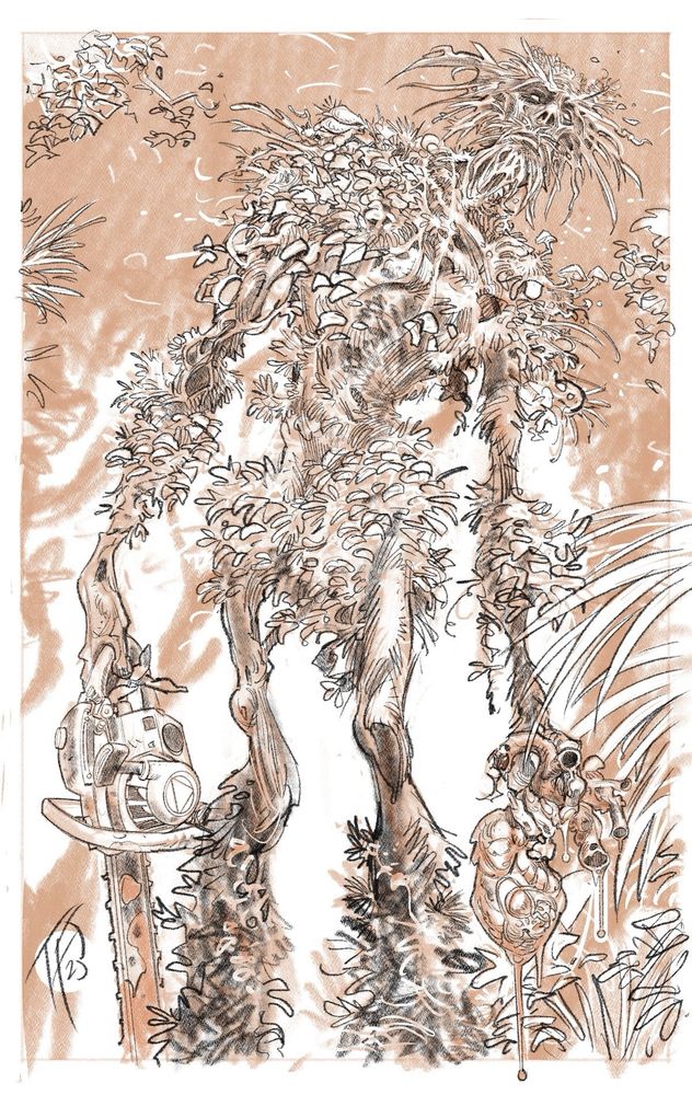 Drawing of Jason Woodrue, the Floronic Man with a chainsaw in one hand and a human, but not human, heart in the other.