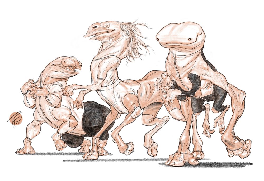 Drawing of three friendly aliens enjoying each other’s company.