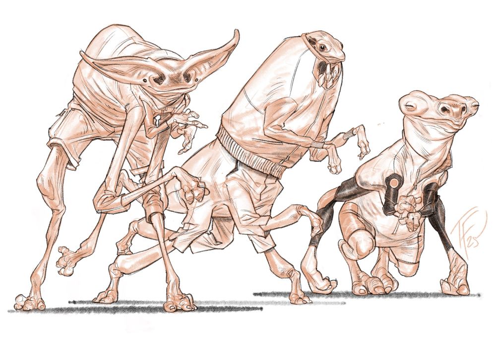 Drawing of three friendly aliens enjoying each other’s company.