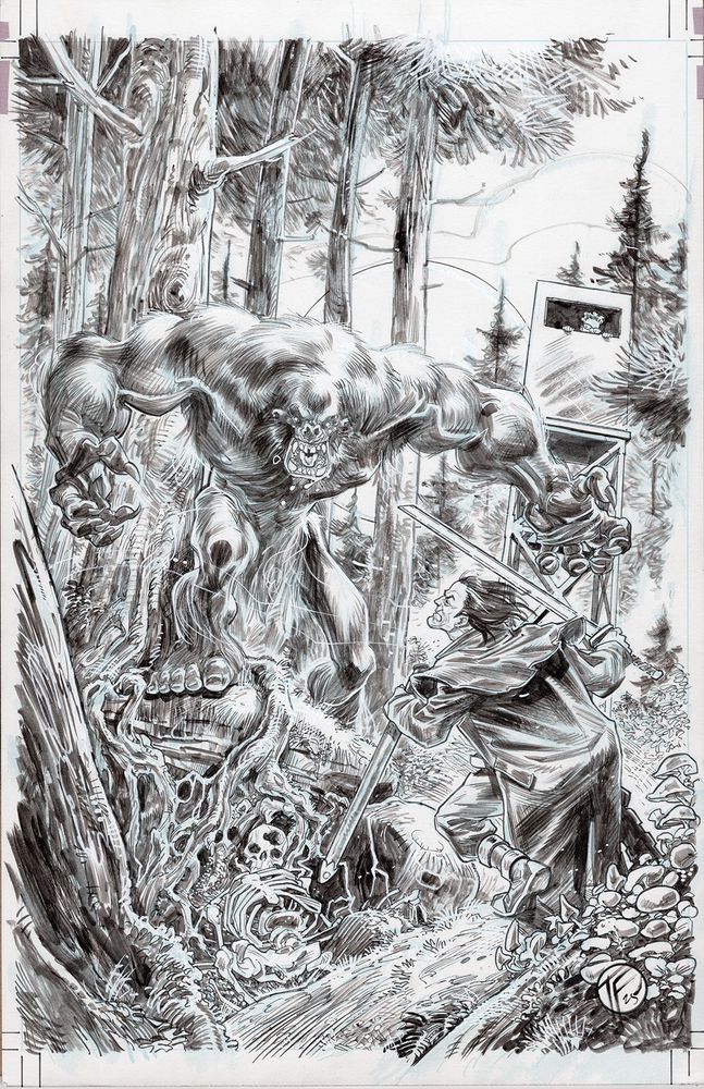 Full colour scan of the original art of my horror homage cover variant for Hector Plasm. Wherein Hector faces off against a Sasquatch in the forests of the Pacific Northwest.