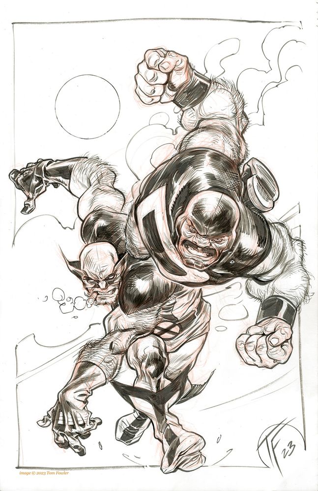 Drawing of Wolverine “fastball specialing” follow Canadian, Puck.
