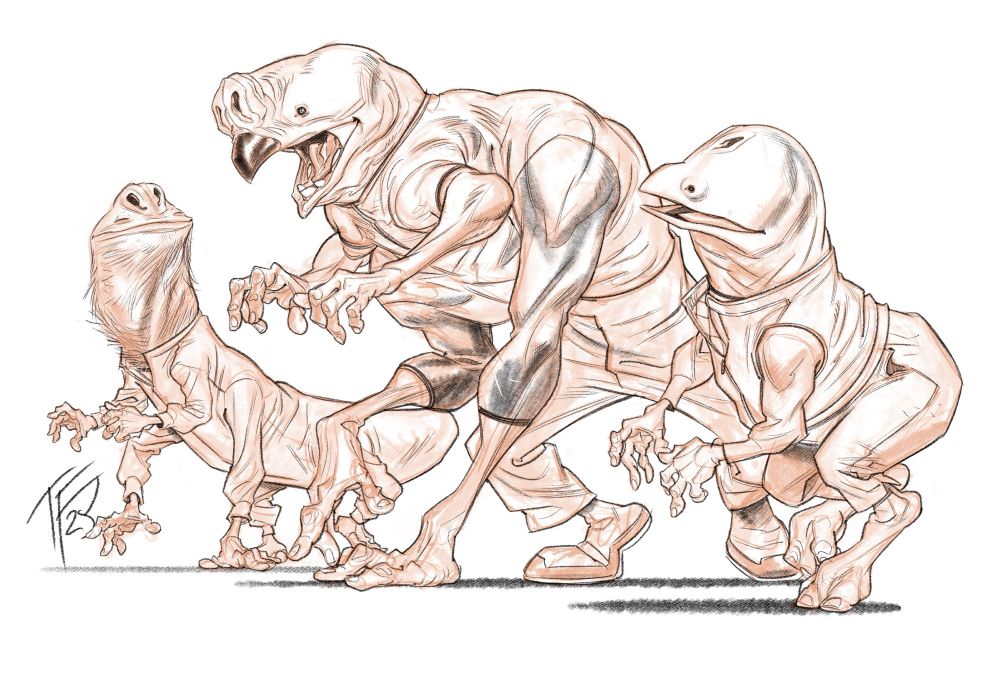 Drawing of three friendly aliens enjoying each other’s company.