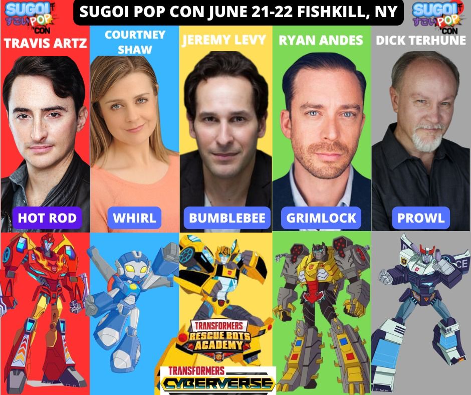 Poster for an anime and comic convention called SugoiPop Con featuring voice actors from Transformers Cyberverse and Rescue Bots Academy