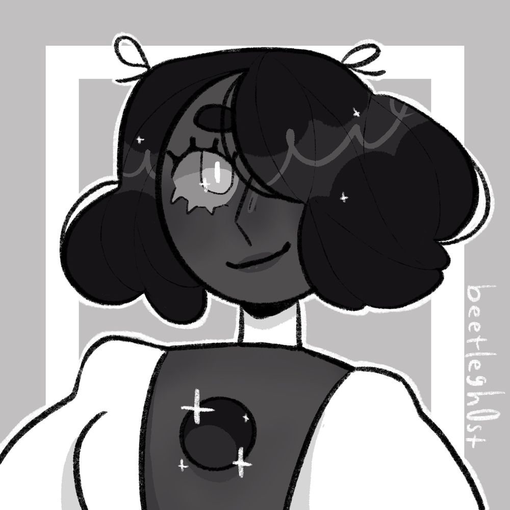 A digital icon drawing of a Steven Universe pearl oc. The pearl has dark grey skin, short curly black hair, and white puffy sleeves with the chest exposed to show a black sparkling circular gem on her chest.