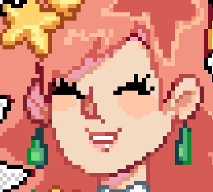 Close up of a sprite of a girl with stars in her hair, smiling with her eyes closed.