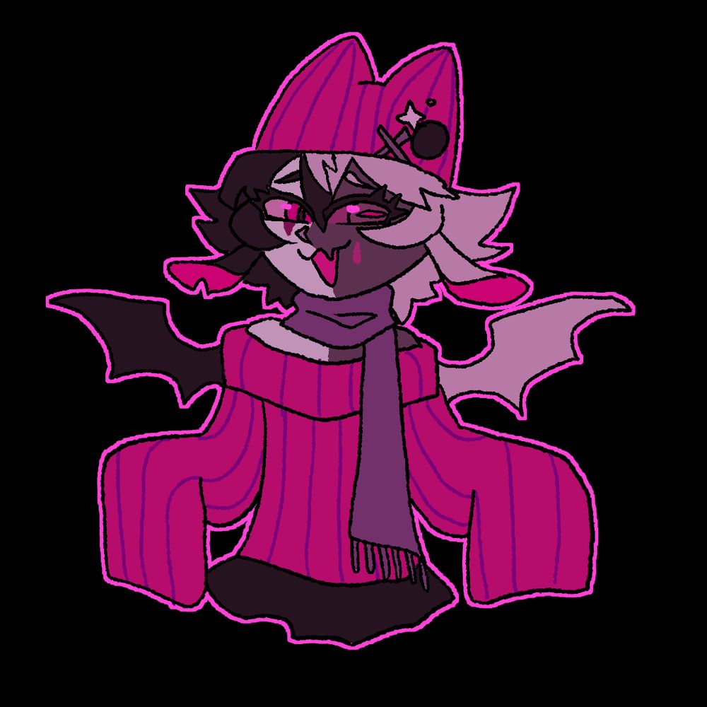 Bust up drawing of a half-white half-black goat-cat-demon person in cozy, wintery clothing.