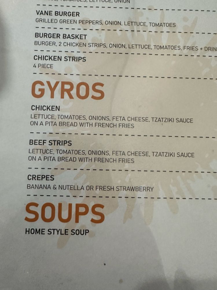 A restaurant menu, with “Crepes” listed as a food choice under the heading “Gyros”