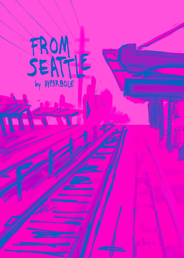 An eye-searing pink sketchy illustration of a train station. Text in the upper left corner reads “FROM SEATTLE by HYP3RBOLE”.
