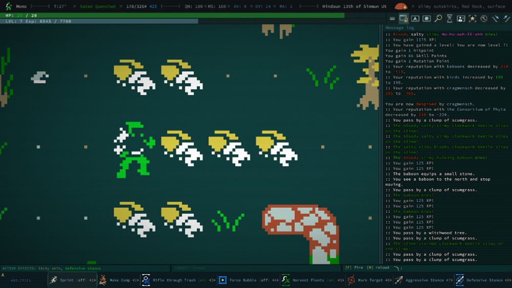 a screenshot of Caves of Qud, showing an Arconaut flanked by a host of clockwork beetles