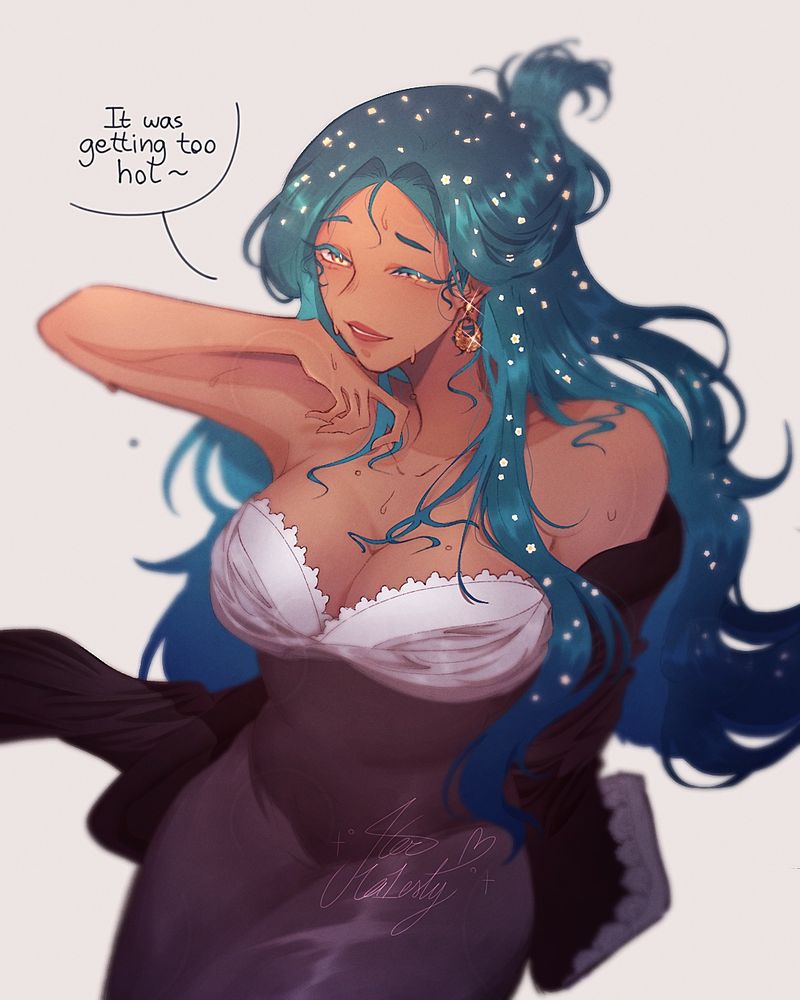 My persona has tan skin and turquoise coloured hair with flowers scattered on top. The sultry outfit is inspired by traditional Indonesian fashion but my persona took part of the bolero off because “It was getting too hot”