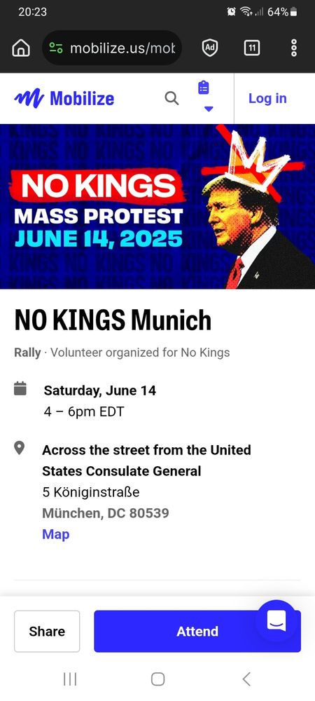 Screenshot von der mobilize.us Seite. NoKings Mass Protest am 14.06.25, von 16-18h, Königinstr. 5, gegenüber des Konsulats.