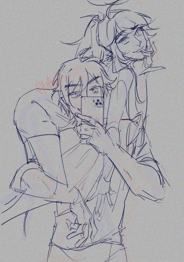 sketch of ephraim from fire emblem: sacred stones carrying eren, a self-insert/oc, over his shoulders. with a confident (if not cocky) smile, ephraim holds his phone as if taking a mirror selfie with his other arm around eren's leg. eren is posing with a smug expression on their face.