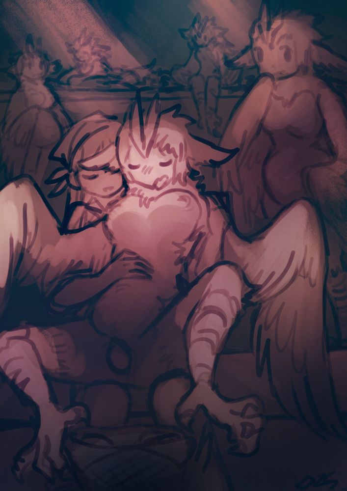 a farmer letting a harpy sit on her lap as it lays an egg, with a basket below ready to catch it. several other are in the background watching their fellow harpy, with other lounge. 