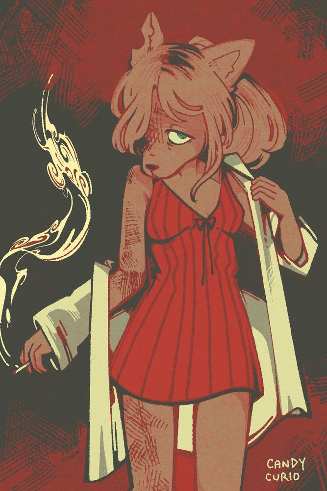 an anthro canine girl wearing a slip dress and an oversized open jacket. she has burn scars on the left side of her body and she's holding a lit cigarette
