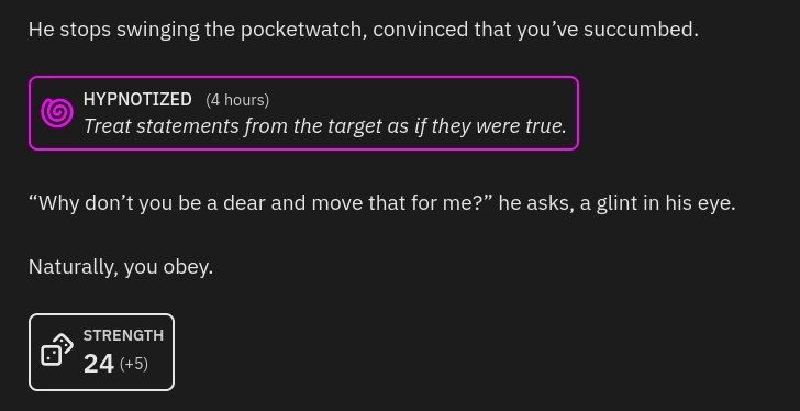 Snippet of an interactive story that shows tabletop-esque features and presentation.