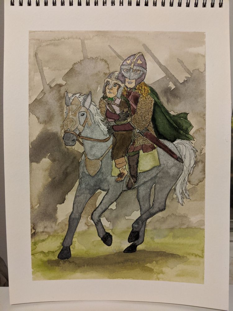 watercolor painting of éowyn and merry riding into battle on grey horse windfola