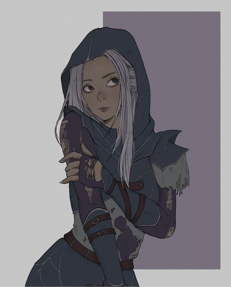 digital art of the “backstabber” skin for legion from dead by daylight: a girl (susie) with white hair and tan skin posing while wearing dark purple armor. 