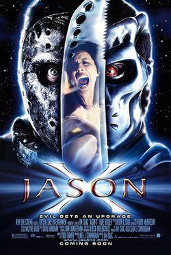 Movie poster for JASON X showing part regular Jason and part Uber Jason