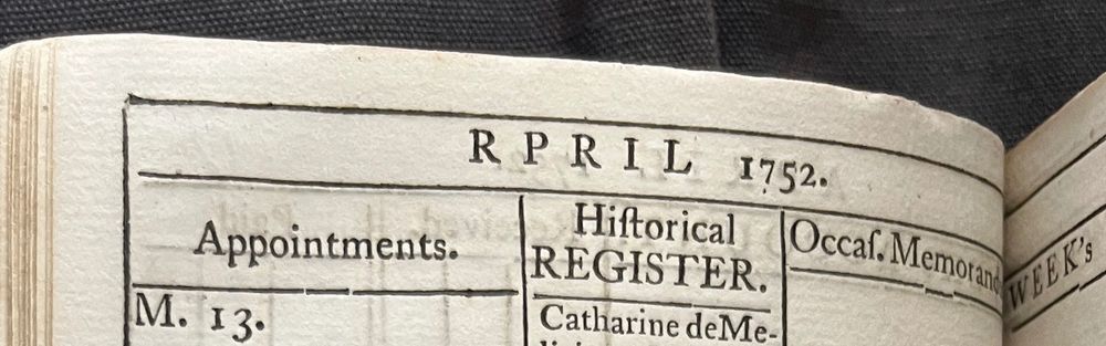 an image of a heading in an 18th century diary book that reads “RPRIL 1752” (it should be APRIL)