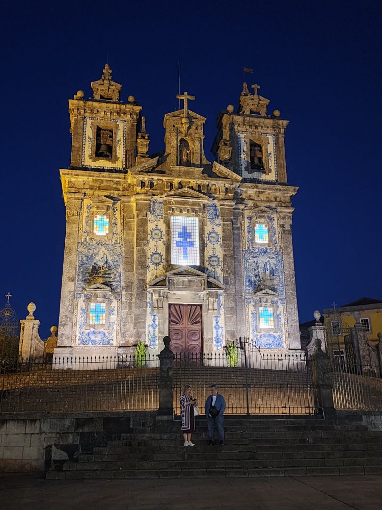 Old church lit up at night. 