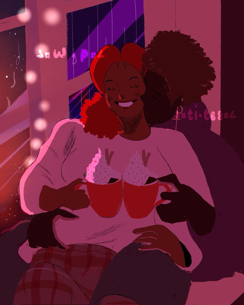 My Oc’s Izzy (she/they) and Shawn (he/they) are holding two mugs of hot cocoa as they cuddle together watching the sun rise
