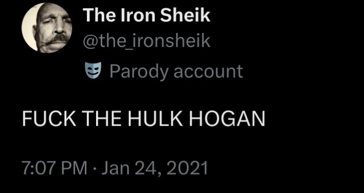 tweet from the iron Shrek simply stating, all caps, "FUCK THE HULK HOGAN".