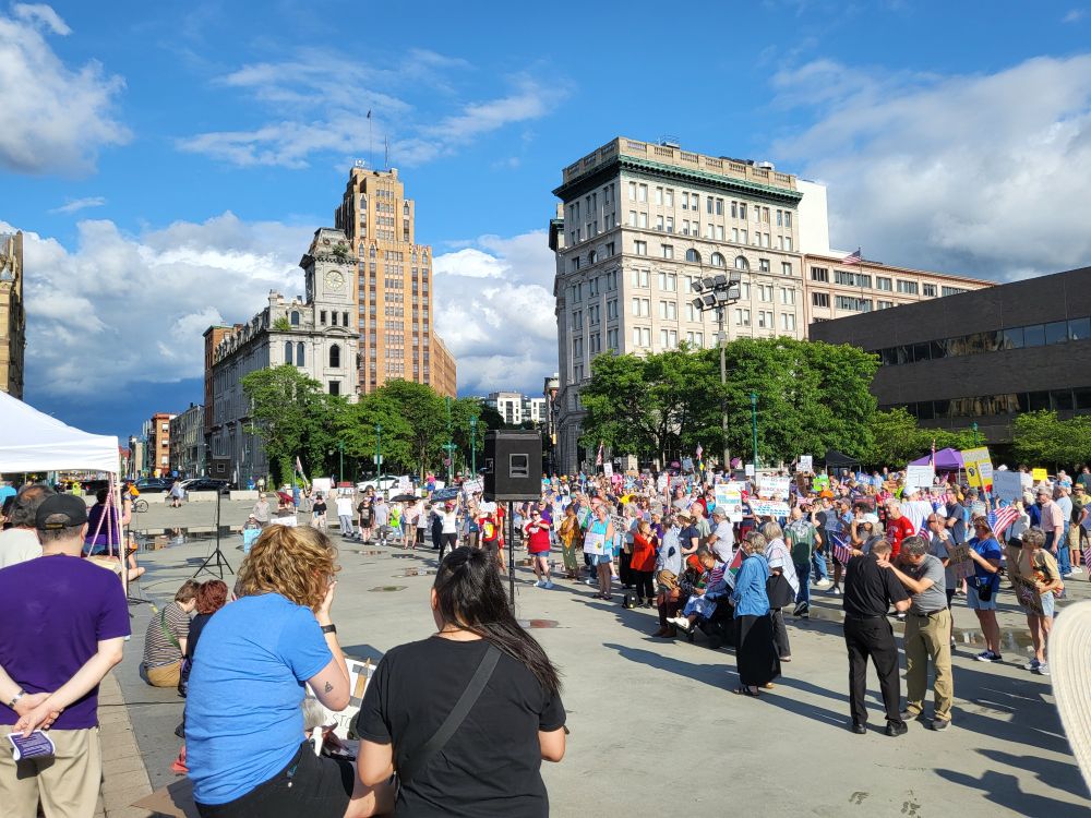 A small but growing and enthusiastic group gathers in Syracuse NY to protest the authoritarian state and loss of democratic rights coming to this country. Held on the eve of civil rights champion John Lewis' passing. In his honor, we got into a little "good trouble", that is, we peacefully expressed our belief in freedom and justice for all.
