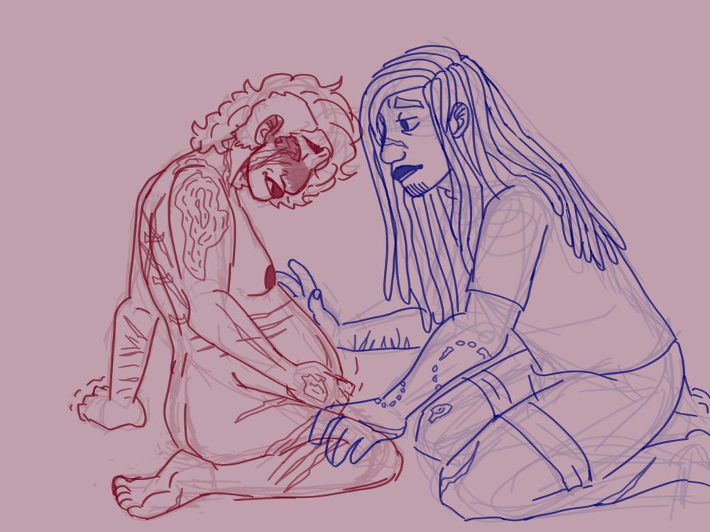 Chaye, a pregnant nonbinary person with many scars, is kneeling and naked, supporting themself with one hand and holding their tense belly with the other. Their expression is pained. Capara, a man with long box braids, wearing a t-shirt and shorts, looks at them with concern. One of his hands is on their leg and the other is hesitantly about to touch their belly.