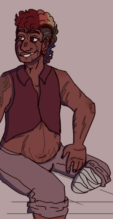 Chaye, a disabled pregnant person with a rainbow mohawk and greying shaved brown sides, looks to the left of the frame with a crooked grin. They are wearing a maroon cropped shirt with a collar and no sleeves, and grey-purple pants cuffed just below the knee. One arm supports behind them, the other rests on their left leg, which ends a short distance below the knee and is wrapped in bandages underneath their pants. Their belly is maybe in the second trimester, but adorned with stretch marks, as though they’ve had previous pregnancies. They are drawn as though in their early forties or so. 