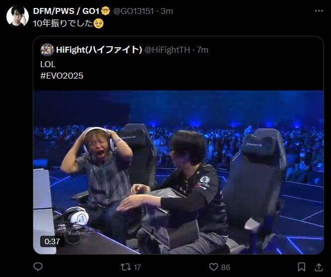 twitter screenshot. Go1 saying "It's been ten years :')" in response to a video of Koji KOG making a horrified face after losing to Go1 in City of the Wolves at Evo.
