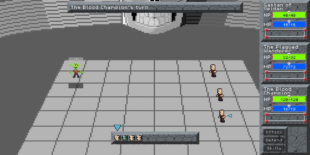 Pixel art characters in a very unfinished looking JRPG combat arena.