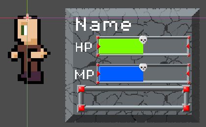 Pixel art character and a basic UI displaying their name, HP and MP.