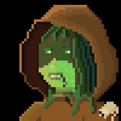 Pixel art of a sickly green figure in a brown, hooded robe. There is a small rat sitting on her shoulder.