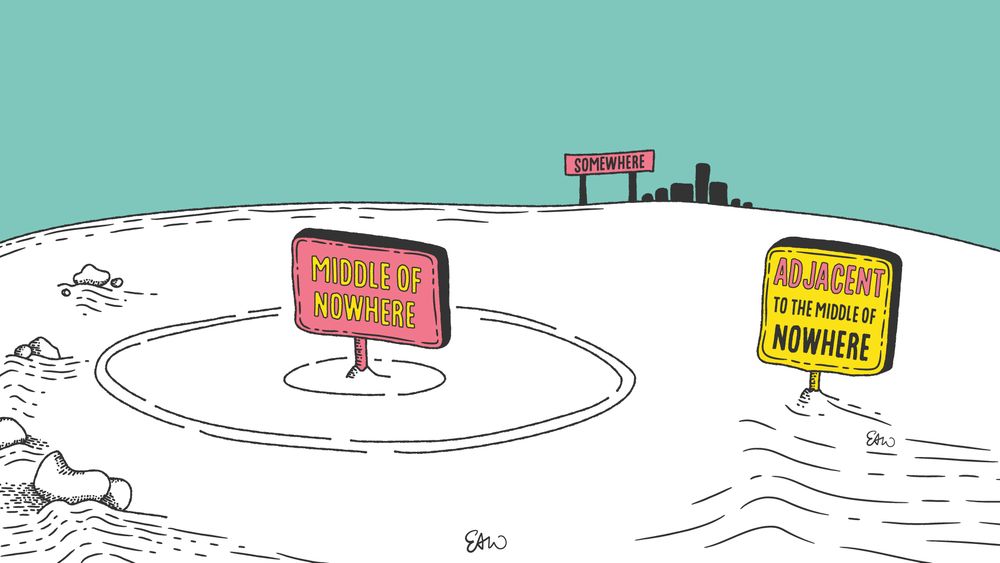 Illustration of a deserted landscape with sign planted on the ground to the left that says Middle of Nowhere. Further to the right of that sign is another that reads, Adjacent to the Middle of Nowhere. Then in the distance is the outline of a densely populated city with a billboard above it that reads, Somewhere.