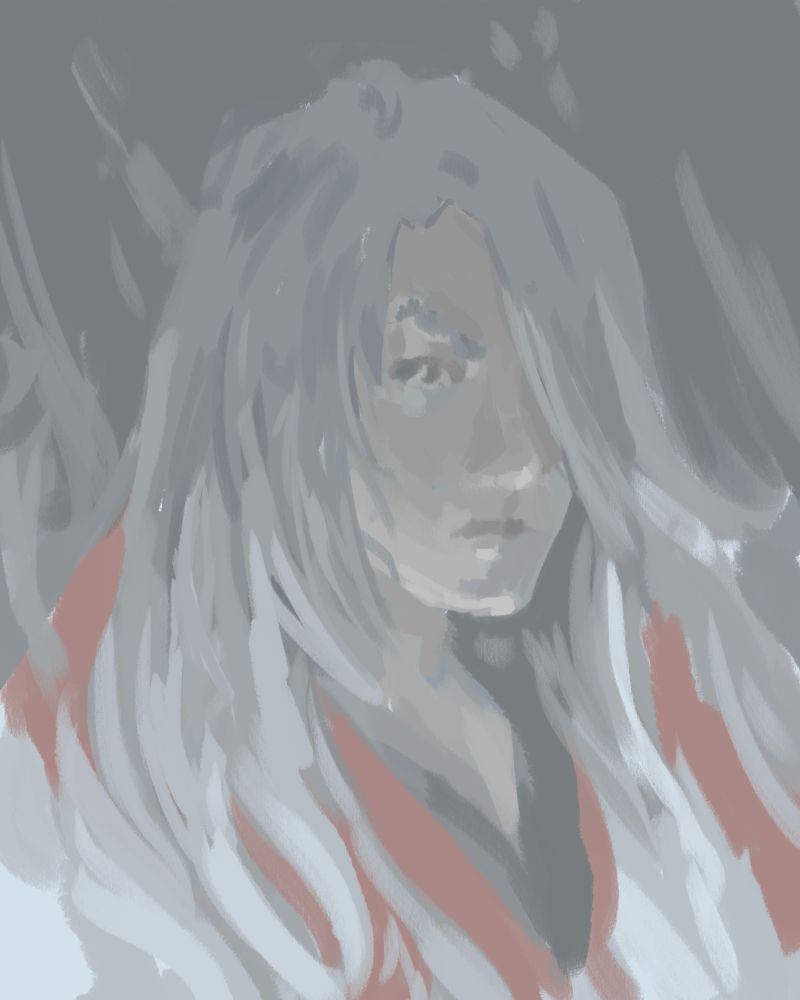 A low contrast bust drawing of Juste Belmont, lit from below 