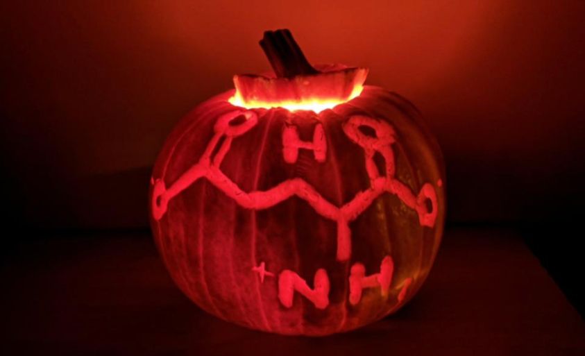 Candlelit pumpkin of glutamate molecule formula.