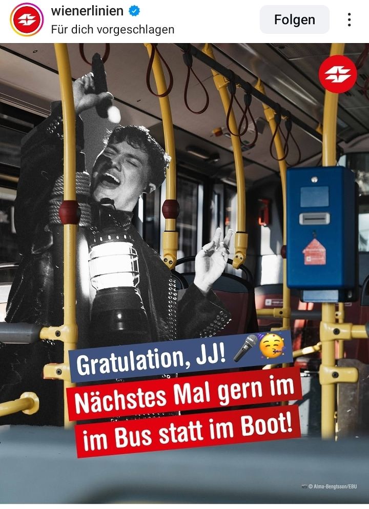 Post von WienerLinien auf Insta mit "Gratulation JJ, nächstes Mal gerne im Bus statt im Boot!"