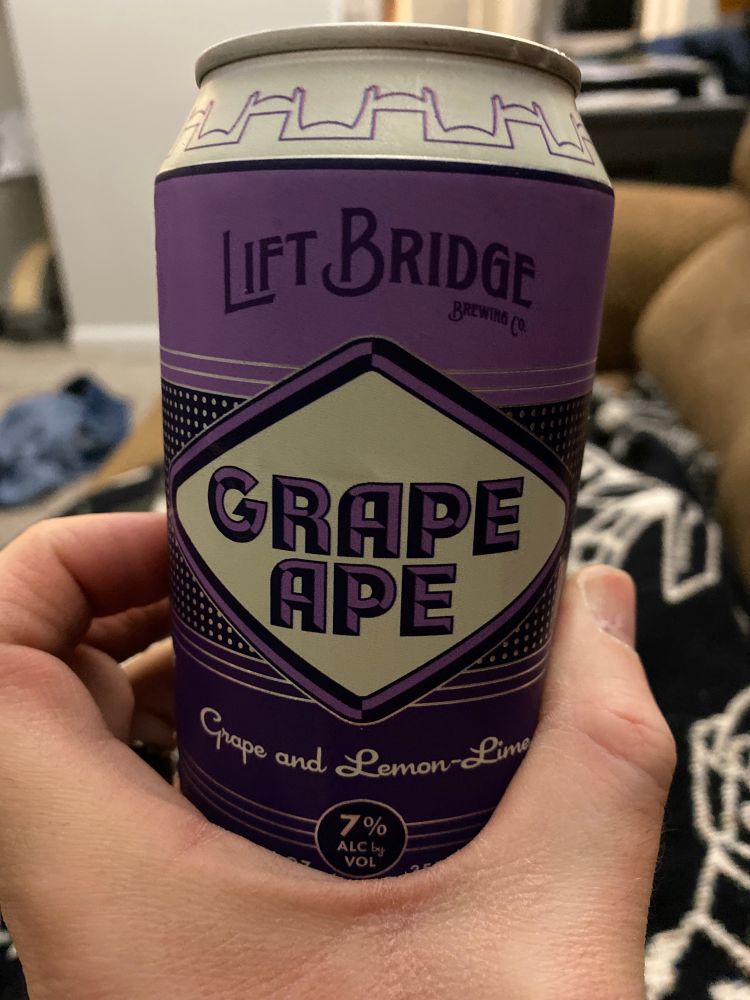 Purple can of alcohol called Grape Ape made by Lift Bridge Brewing with grape and lemon-lime flavoring. 