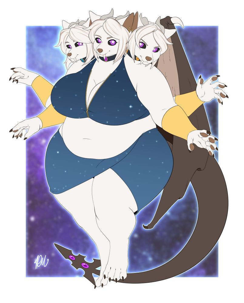 A large Cerberus dressed in a cosmic outfit, posing over a stellar background. 🎨 @aburrger.bsky.social 