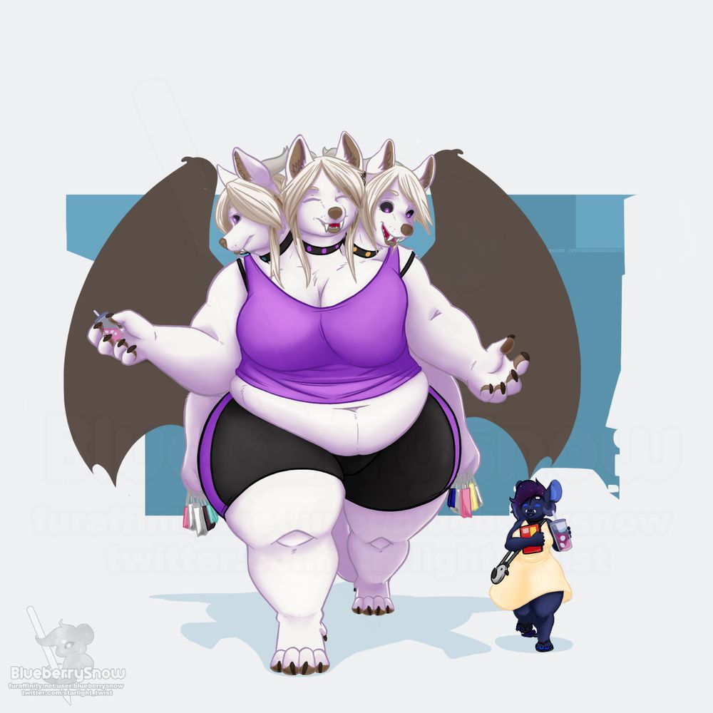 A semi giant cerberus walking back from the mall after some shopping with a great mouse gal friend!