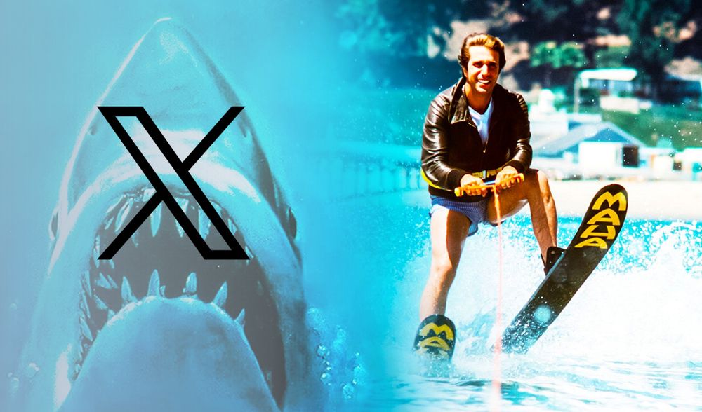An image that's a play on the words "Jump the shark" - a picture of Henry Winkler water skiing, from Happy Days (where "jump the shark" originated), with a shark behind the image of the X/Twitter logo