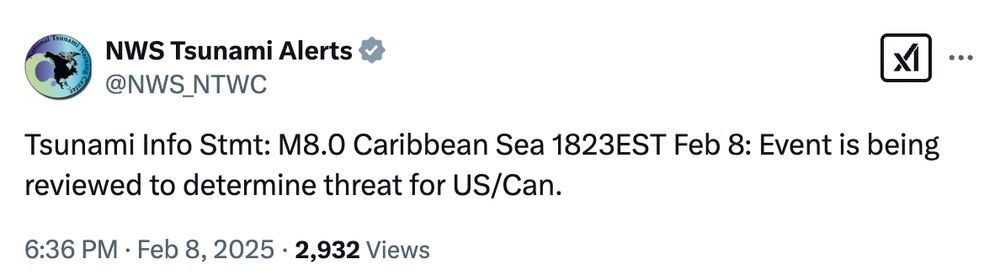 Tsunami Info Stmt: M8.0 Caribbean Sea 1823EST Feb 8: Event is being reviewed to determine threat for US/Can.